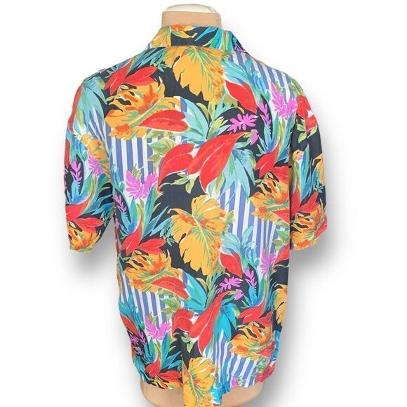 Vintage New Concepts Shirt Tropical Palm Striped Oversized Blue White Silk Large - Picture 4 of 9